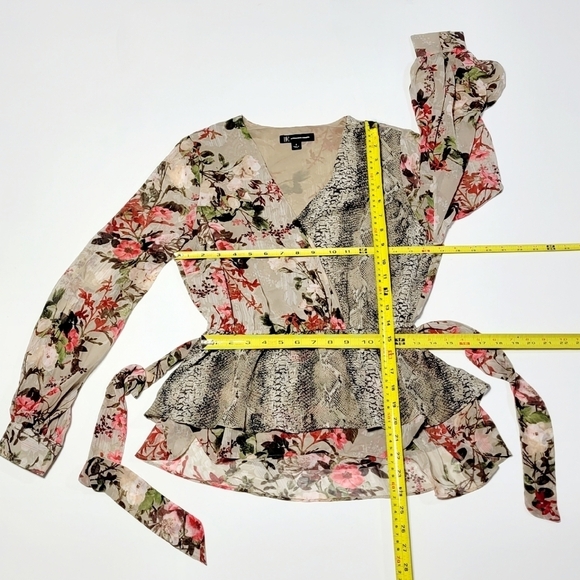 INC Floral & Snakeskin Sheer Faux Wrap Hi Lo Peplum Blouse Women's (S) - Picture 10 of 11